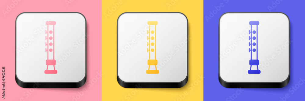 Isometric Flute icon isolated on pink, yellow and blue background. Musical instrument. Square button. Vector Isometric Flute icon isolated on pink, yellow and blue background. Musical instrument. Square button. Vector