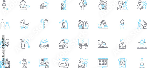Toddlers linear icons set. Exploration, Independence, Curiosity, Energy, Spontaneity, Creativity, Imagination line vector and concept signs. Laughter,Playfulness,Discovery outline illustrations