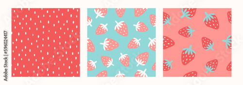 Set of vector seamless patterns with strawberries. Summer backgrounds hand drawn. Cartoon flat illustration.