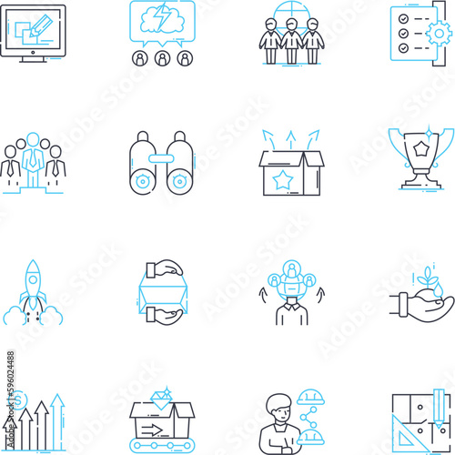 Program initiation linear icons set. Launch, Start, Commencement, Introduction, Induction, Onboarding, Implementation line vector and concept signs. Inception,Initiation,Kick-off outline illustrations