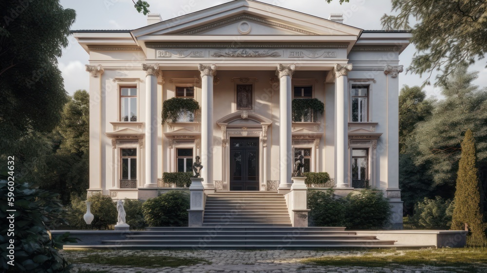 Neoclassical exterior house design in daytime golden hour generative ai