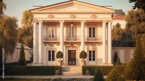 Neoclassical exterior house design in daytime golden hour generative ai © Hixel