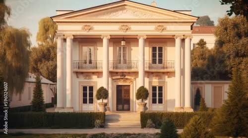 Neoclassical exterior house design in daytime golden hour generative ai