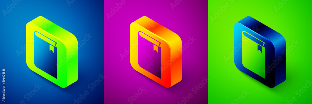 Isometric Book icon isolated on blue, purple and green background. Square button. Vector Isometric Book icon isolated on blue, purple and green background. Square button. Vector