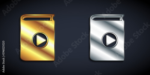 Gold and silver Audio book icon isolated on black background. Play button and book. Audio guide sign. Online learning concept. Long shadow style. Vector