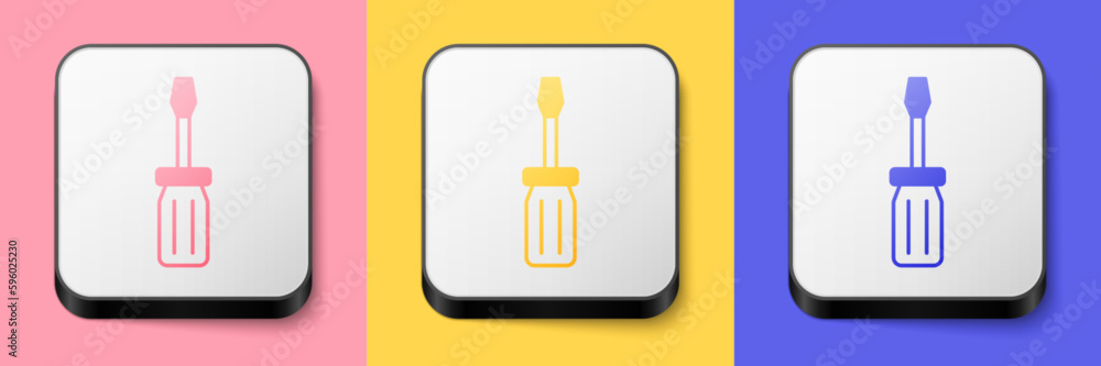 Fototapeta premium Isometric Screwdriver icon isolated on pink, yellow and blue background. Service tool symbol. Square button. Vector