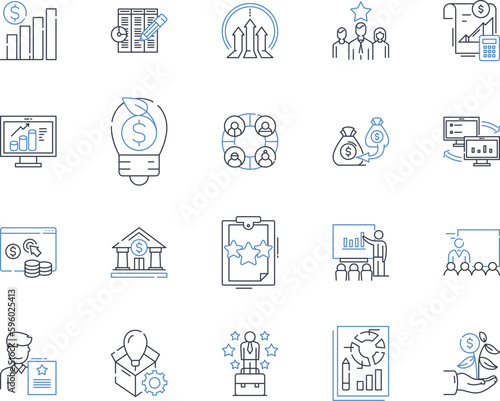 Fiscal review line icons collection. Budget, Audit, Taxes, Revenue, Expenditure, Deficit, Surplus vector and linear illustration. Accounting,Analysis,Forecast outline signs set