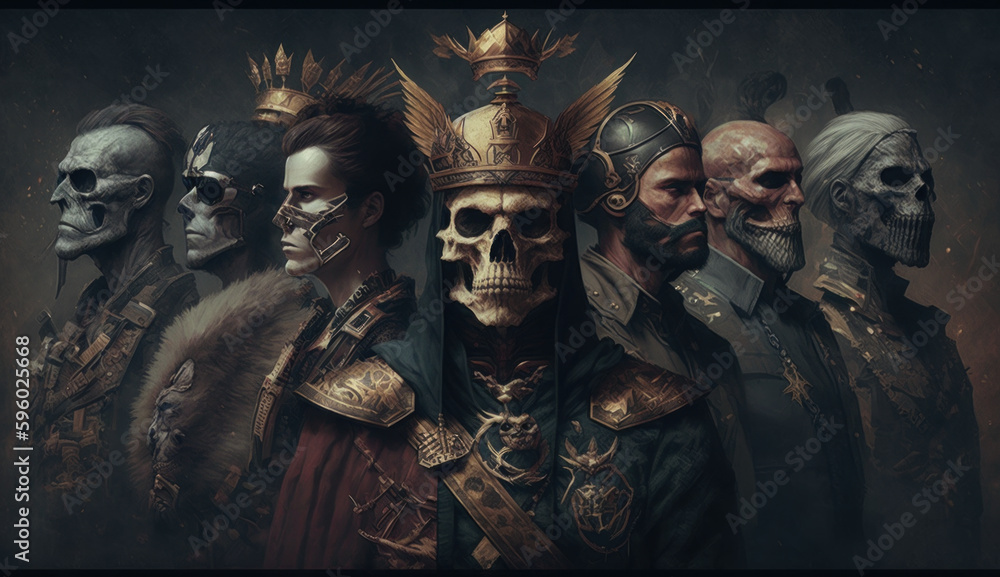 Group portraits of skulls. Forgotten kings and rulers of the world. Portraits of different eras in the style of skulls. Generative AI Group portraits of skulls. Forgotten kings and rulers of the world. Portraits of different eras in the style of skulls. Generative AI