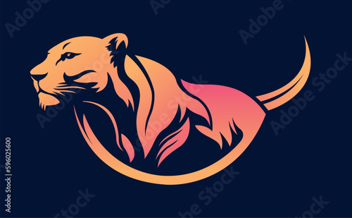 Lioness body logo template design line art vector illustration isolated on dark background. Female lion brand identity logotype design.