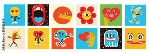 70's groovy square posters, cards or stickers. Retro print with hippie cute colorful funky character concepts of crazy geometric, dripping emoticon. Only good vibes sentence