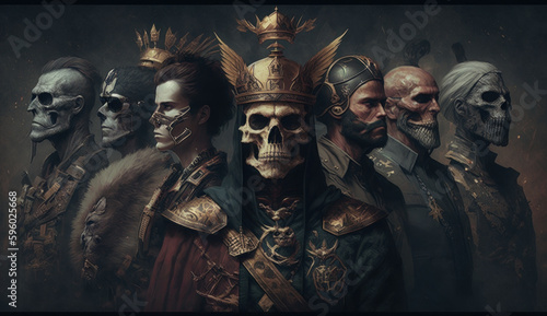 Group portraits of skulls. Forgotten kings and rulers of the world. Portraits of different eras in the style of skulls. Generative AI