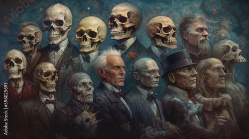 Group portraits of skulls. Forgotten kings and rulers of the world. Portraits of different eras in the style of skulls. Generative AI