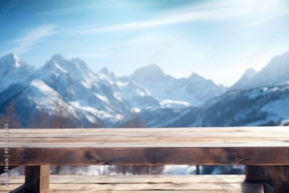 Wooden table with the mountains view on the background, Generative AI
