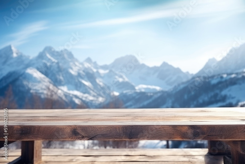Wooden table with the mountains view on the background, Generative AI