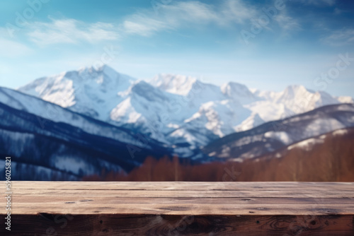 Wooden table with the mountains view on the background, Generative AI © Lana_M