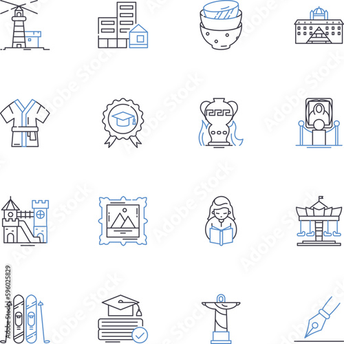 Antiquity line icons collection. Artifacts, Ruins, Pompeii, Colosseum, Pyramids, Mosaics, Mythology vector and linear illustration. Gladiators,Pharaohs,Hammurabi outline signs set photo
