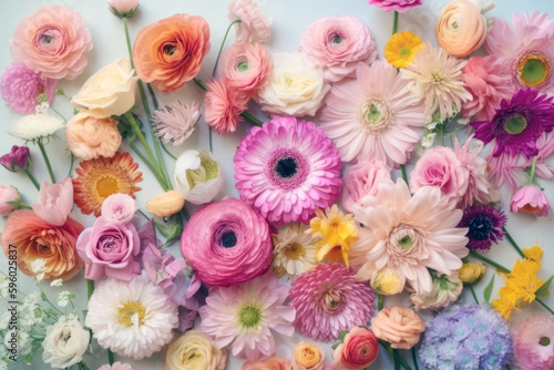 Pastel color flowers background. Floral flat lay, Spring season bloom. Generative AI
