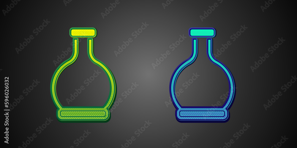 Green and blue Bottle with potion icon isolated on black background. Flask with magic potion. Happy Halloween party. Vector Green and blue Bottle with potion icon isolated on black background. Flask with magic potion. Happy Halloween party. Vector