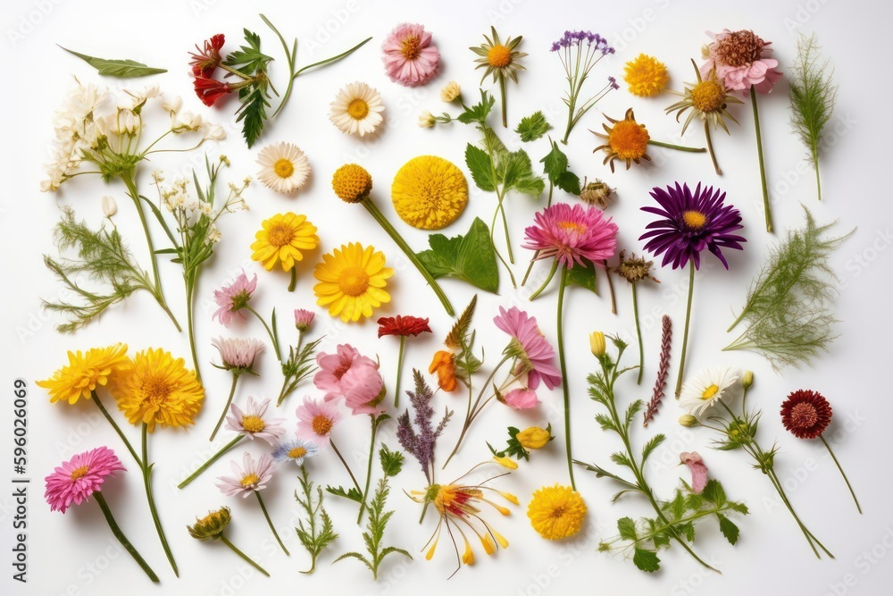 Obraz premium Wild flowers on white background. Yellow and purple petals and green leaves flat lay. Generative AI