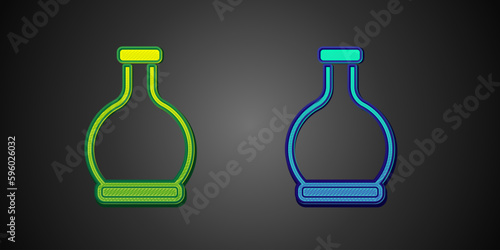 Green and blue Bottle with potion icon isolated on black background. Flask with magic potion. Happy Halloween party. Vector