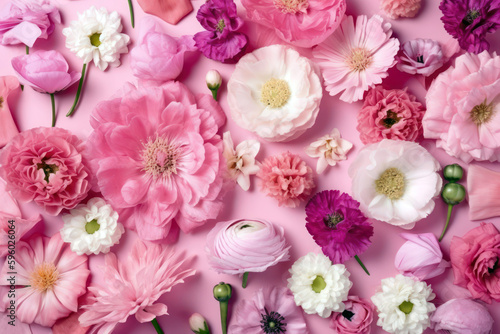 Pastel color flowers on pink background. Floral flat lay  Spring season bloom. Generative AI