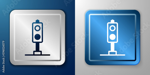 White Train traffic light icon isolated on blue and grey background. Traffic lights for the railway to regulate the movement of trains. Silver and blue square button. Vector