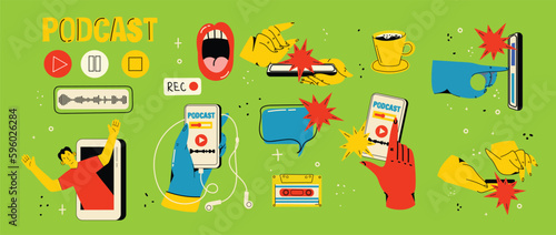 Concept of news, watching video online, podcast, talk show, tv application, live streaming. Hand holding smartphone with man with microphone on screen. Vector illustration in flat style