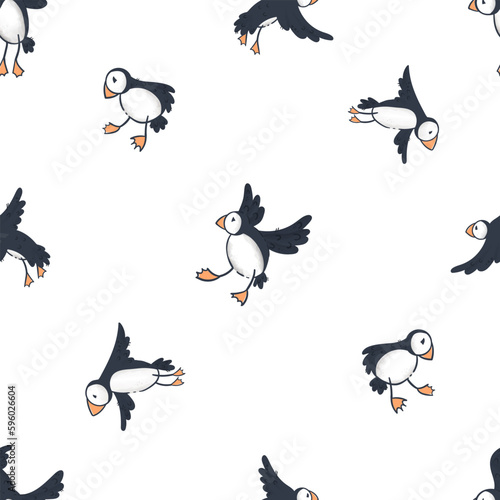 Cute hand drawn puffin seamless pattern, lovely doodle birds background, great for textiles, banners, wallpapers - vector design