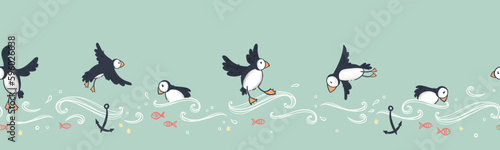 Cute hand drawn puffin seamless pattern, lovely doodle birds background, great for textiles, banners, wallpapers - vector design