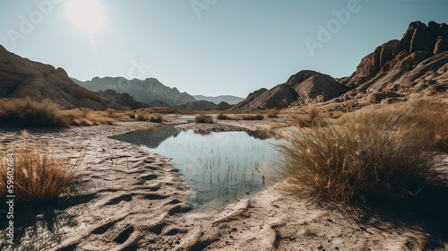A Drought Stricken Dry Lake Bed with Mountains in the Distance as the Water Disappears, Global Warming and Climate Change Concept - Generative AI
