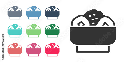 Black Chow mein on plate icon isolated on white background. Asian food. Set icons colorful. Vector