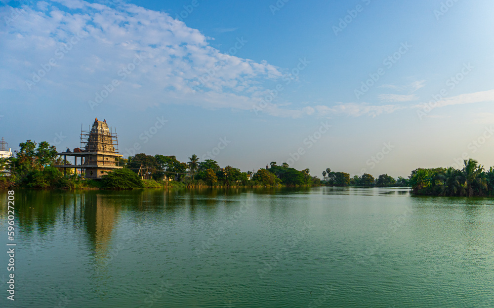 Traditional Hindu temple on lake side, Visakhapatnam, Andhra pradesh, India.
