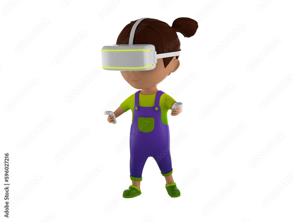 A girl in a purple and green outfit with a pair of vr glasses 3d render illustration