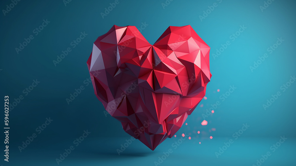 Red origami heart on Blue background, Vector Illustration, Abstract polygonal heart, Generative AI Red origami heart on Blue background, Vector Illustration, Abstract polygonal heart, Generative AI