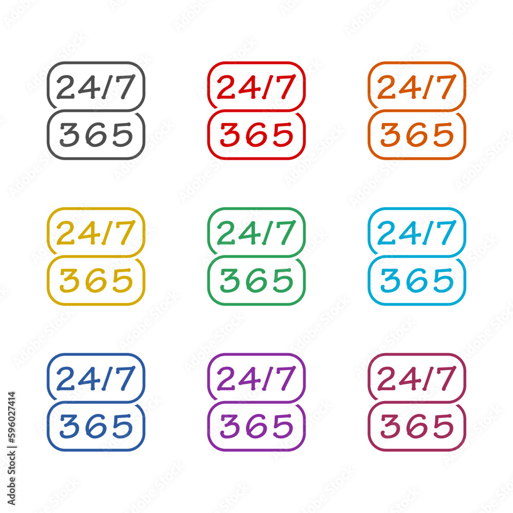 24 7 hours and 365 days icon isolated on white background. Set icons colorful 24 7 hours and 365 days icon isolated on white background. Set icons colorful