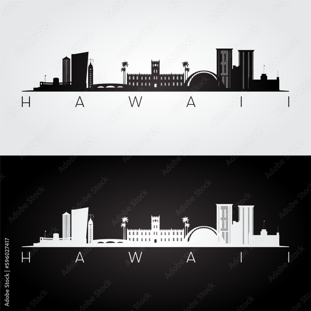 Hawaii state skyline and landmarks silhouette, black and white design. Vector illustration.