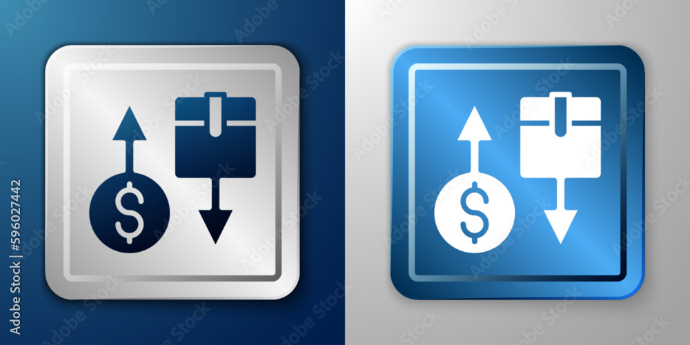 White Tax carton cardboard box icon isolated on blue and grey background. Box, package, parcel sign. Delivery and packaging. Silver and blue square button. Vector White Tax carton cardboard box icon isolated on blue and grey background. Box, package, parcel sign. Delivery and packaging. Silver and blue square button. Vector