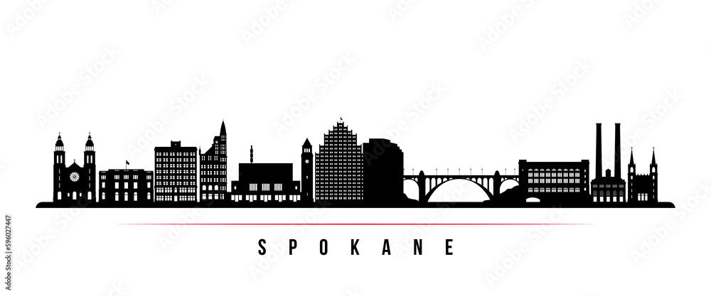 Spokane, WA skyline horizontal banner. Black and white silhouette of Spokane city. Vector template for your design.