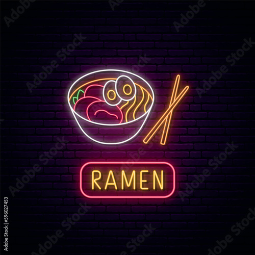 Neon Ramen soup sign. Glowing Ramen icon and text on brick wall background. Vector illustration in neon style.