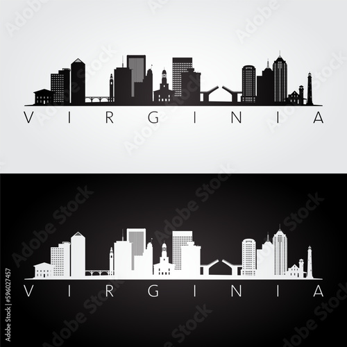 Virginia state skyline and landmarks silhouette, black and white design. Vector illustration.