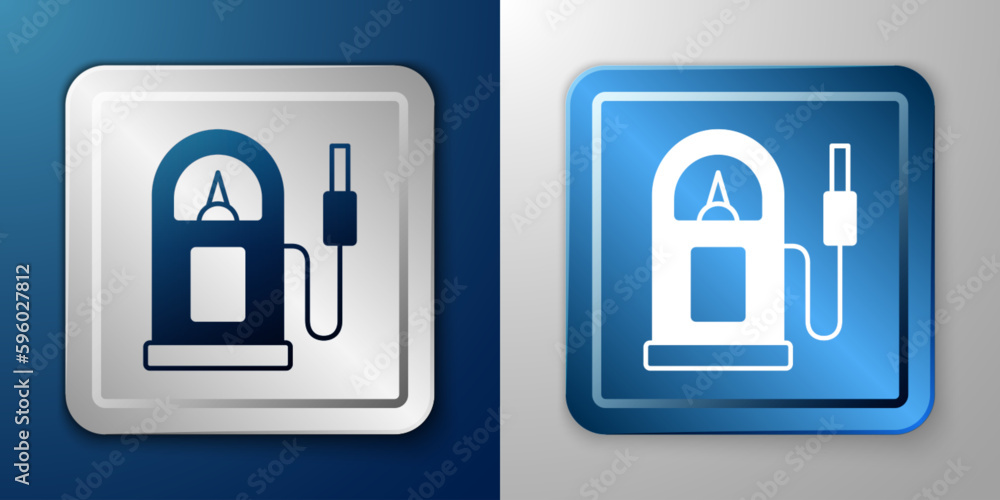White Petrol or gas station icon isolated on blue and grey background. Car fuel symbol. Gasoline pump. Silver and blue square button. Vector White Petrol or gas station icon isolated on blue and grey background. Car fuel symbol. Gasoline pump. Silver and blue square button. Vector