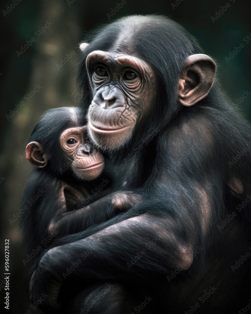 Chimpanzee mother with her baby in her arms Chimpanzee mother with her baby in her arms