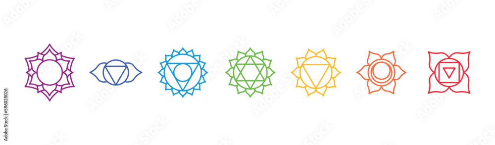 Basic human chakra system. 7 chakras. Set of seven chakra symbols of human body. Root, Navel, Solar plexus, Heart, Throat, Third eye, Crown - obrazy, fototapety, plakaty 