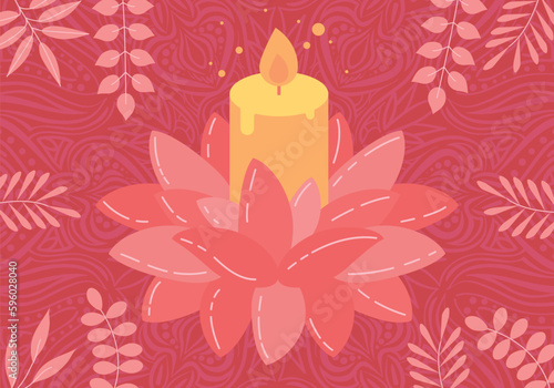 Spa. Diwali. Vesak day. Candle and lotus symbol icon design. Buddha Purnima. Lotus flower and burning candle