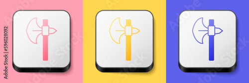 Isometric Medieval axe icon isolated on pink, yellow and blue background. Battle axe, executioner axe. Medieval weapon. Square button. Vector