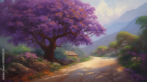 landscape illustration  purple flower tree beside countryside road  idea for home wall art decor picture   Generative Ai