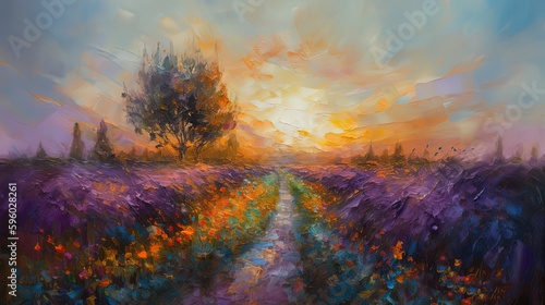 landscape illustration, purple flower tree beside countryside road, idea for home wall art decor picture, Generative Ai