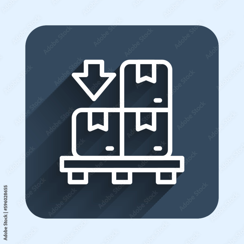 White line Cardboard boxes on pallet icon isolated with long shadow background. Closed carton delivery packaging box with fragile signs. Blue square button. Vector White line Cardboard boxes on pallet icon isolated with long shadow background. Closed carton delivery packaging box with fragile signs. Blue square button. Vector