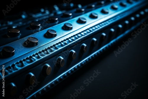 Blue metal strip with rivets on black background. Generative AI
