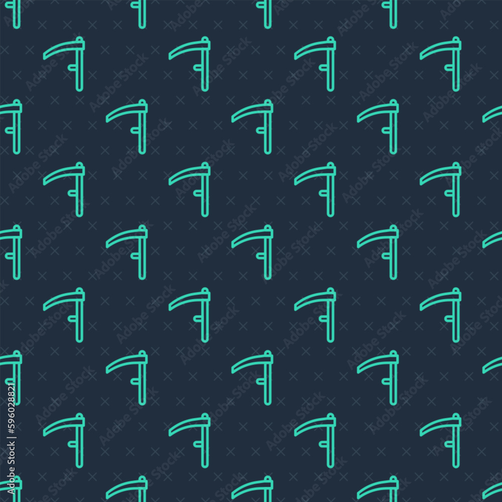 Green line Scythe icon isolated seamless pattern on blue background. Happy Halloween party. Vector Green line Scythe icon isolated seamless pattern on blue background. Happy Halloween party. Vector
